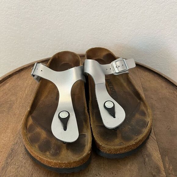 Birkenstock Metallic Silver Birko Flor Gizen Sandals Women's Size 38 7 - Picture 3 of 9
